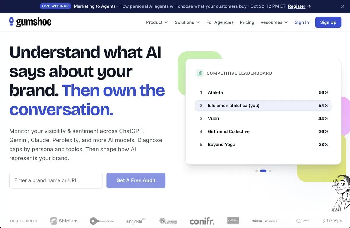 Gumshoe AI:n etusivu lokakuussa 2026, otsikkona Understand what AI says about your brand. Then own the conversation ja kilpailijoiden tulostaulukko