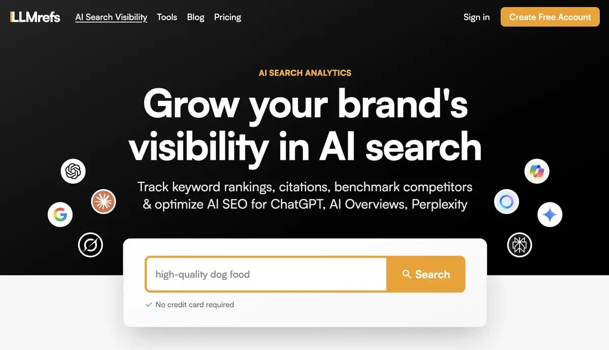 LLMrefsin etusivu lokakuussa 2026, otsikkona Grow your brand's visibility in AI search ja hakusanakenttä