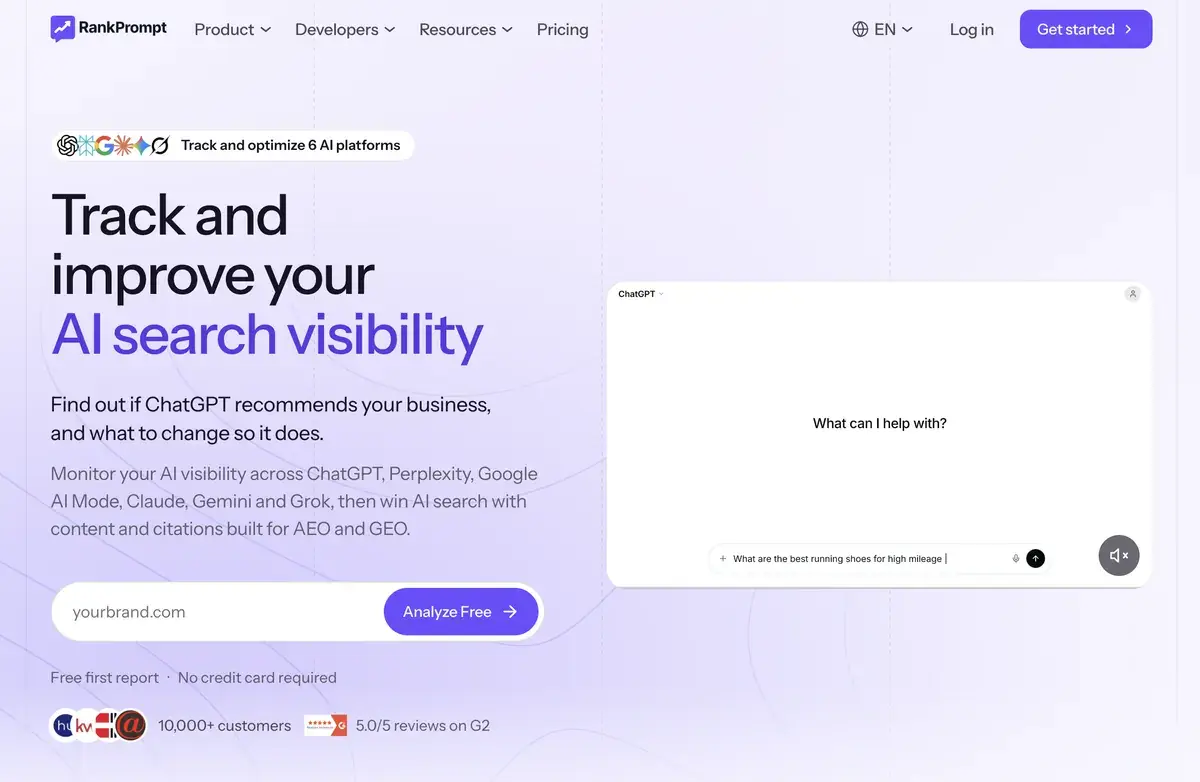 RankPromptin etusivu lokakuussa 2026, otsikkona Track and improve your AI search visibility ja ilmaisen analyysin kenttä