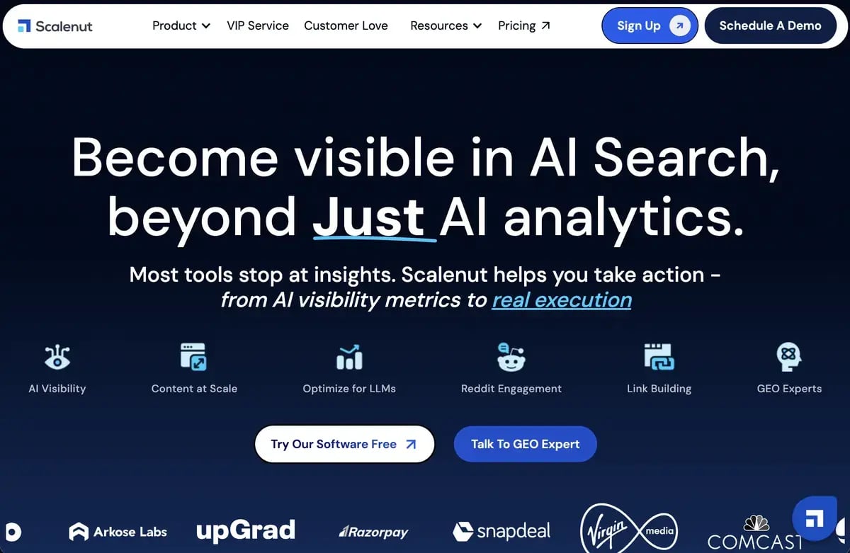 Scalenutin etusivu lokakuussa 2026, otsikkona Become visible in AI Search, beyond Just AI analytics sekä kuvakkeet tekoälynäkyvyydelle, sisällölle, Reddit-osallistumiselle ja linkinrakennukselle